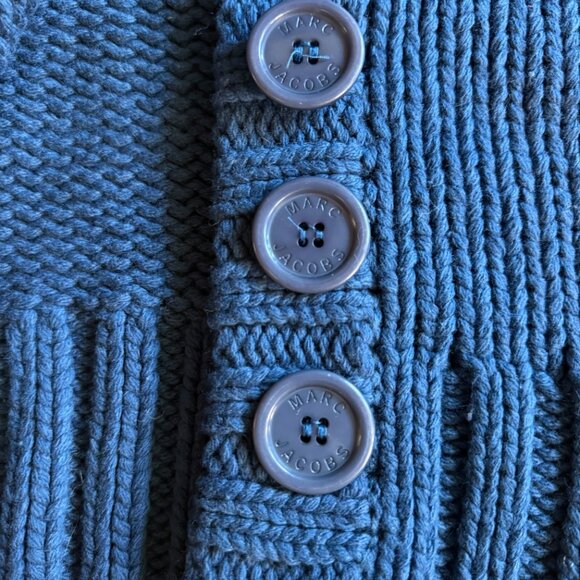 Marc Jacobs Blue Button Front Sweater w/ Hood and Striped Turnback Cuffs - Picture 2 of 5